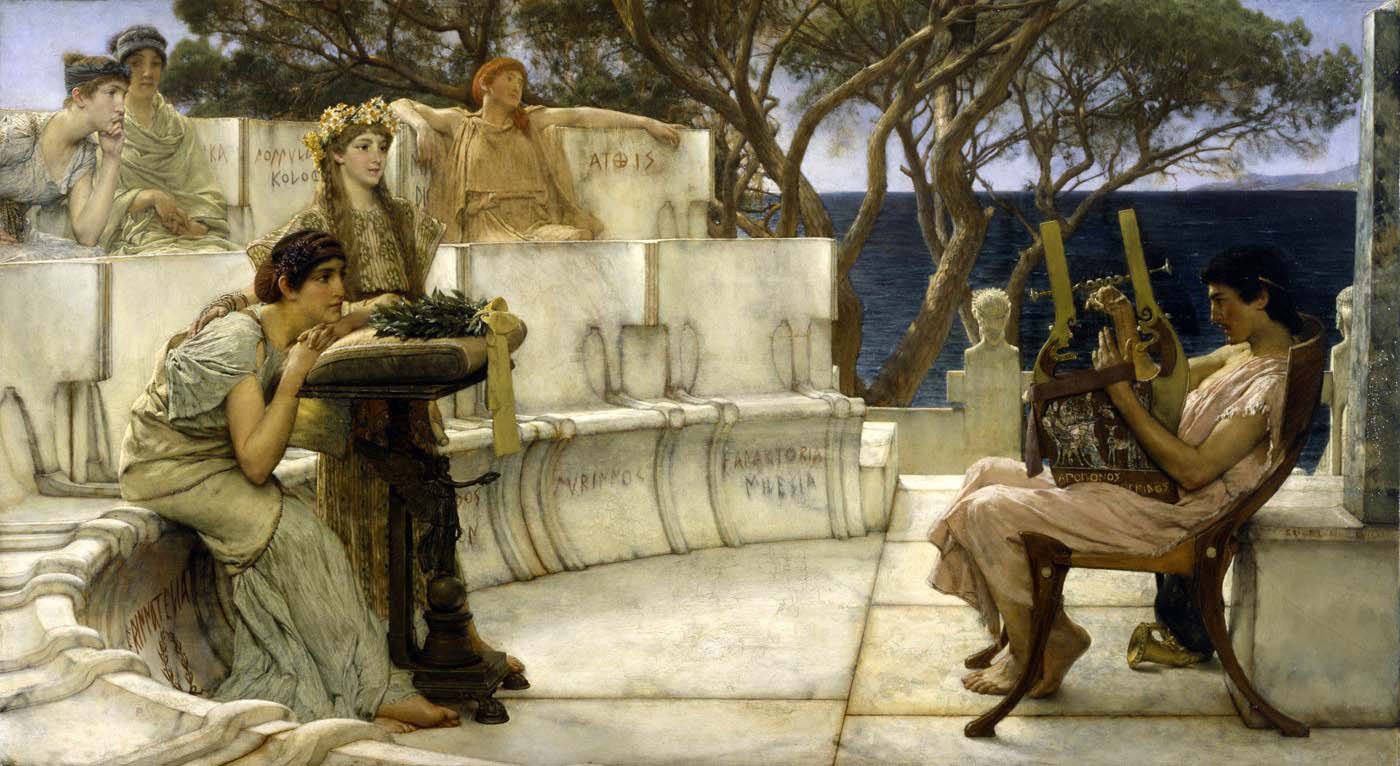 sappho and her companions listening as the poet alcaeus plays a kithara on the island of lesbos